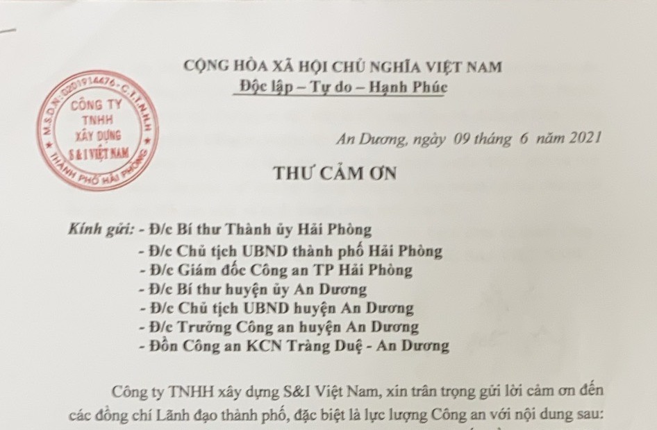 Công ty TNHH xây dựng S&I Việt Nam gửi thư cảm ơn